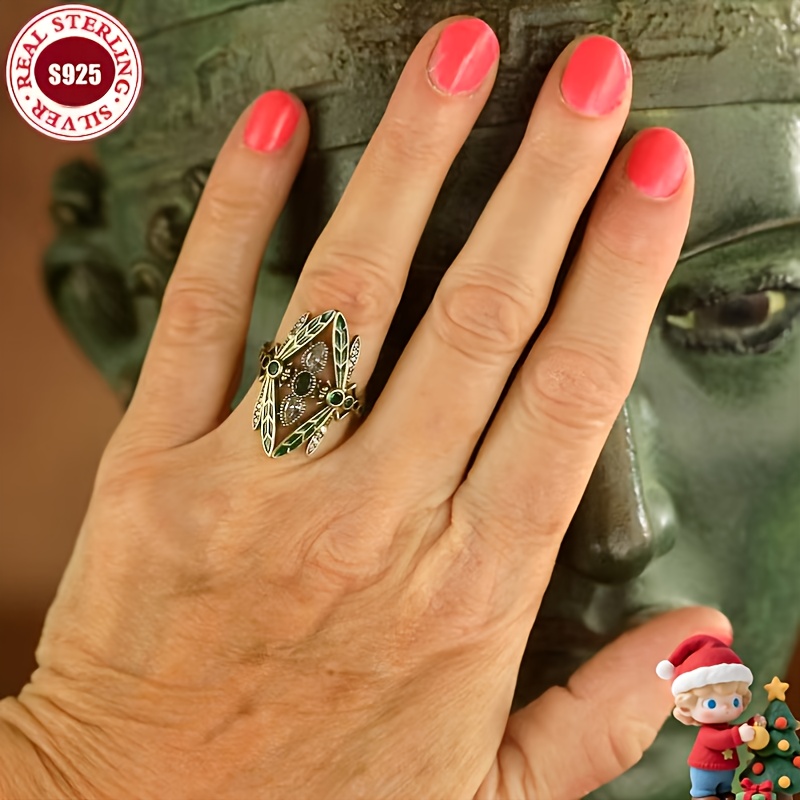 Women's 925 Silver Retro Enamel Dragonfly Ring